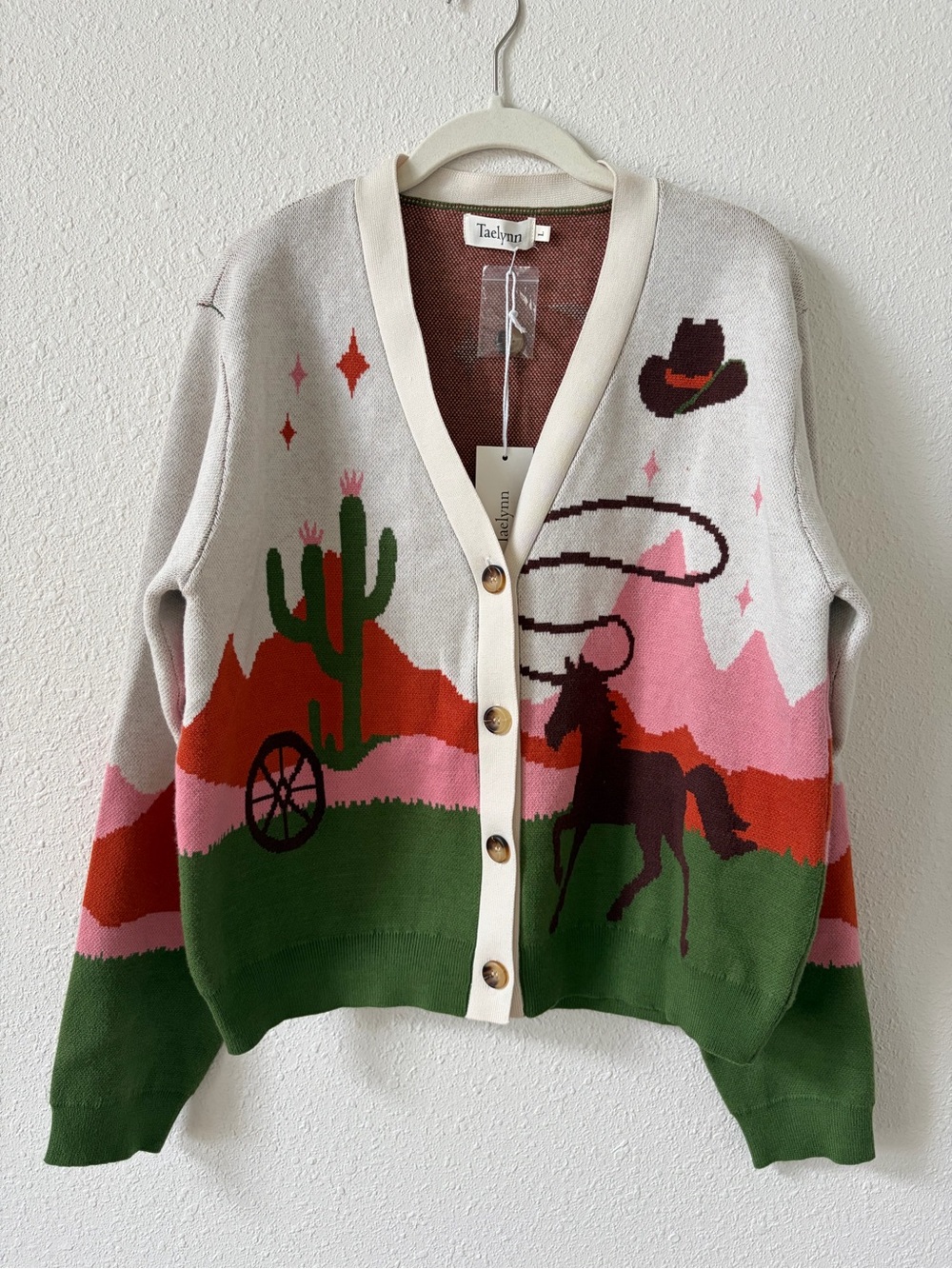 Taelynn V Neck Button Down Western Sweater Cardigan Size Large Horse Knit Cowboy